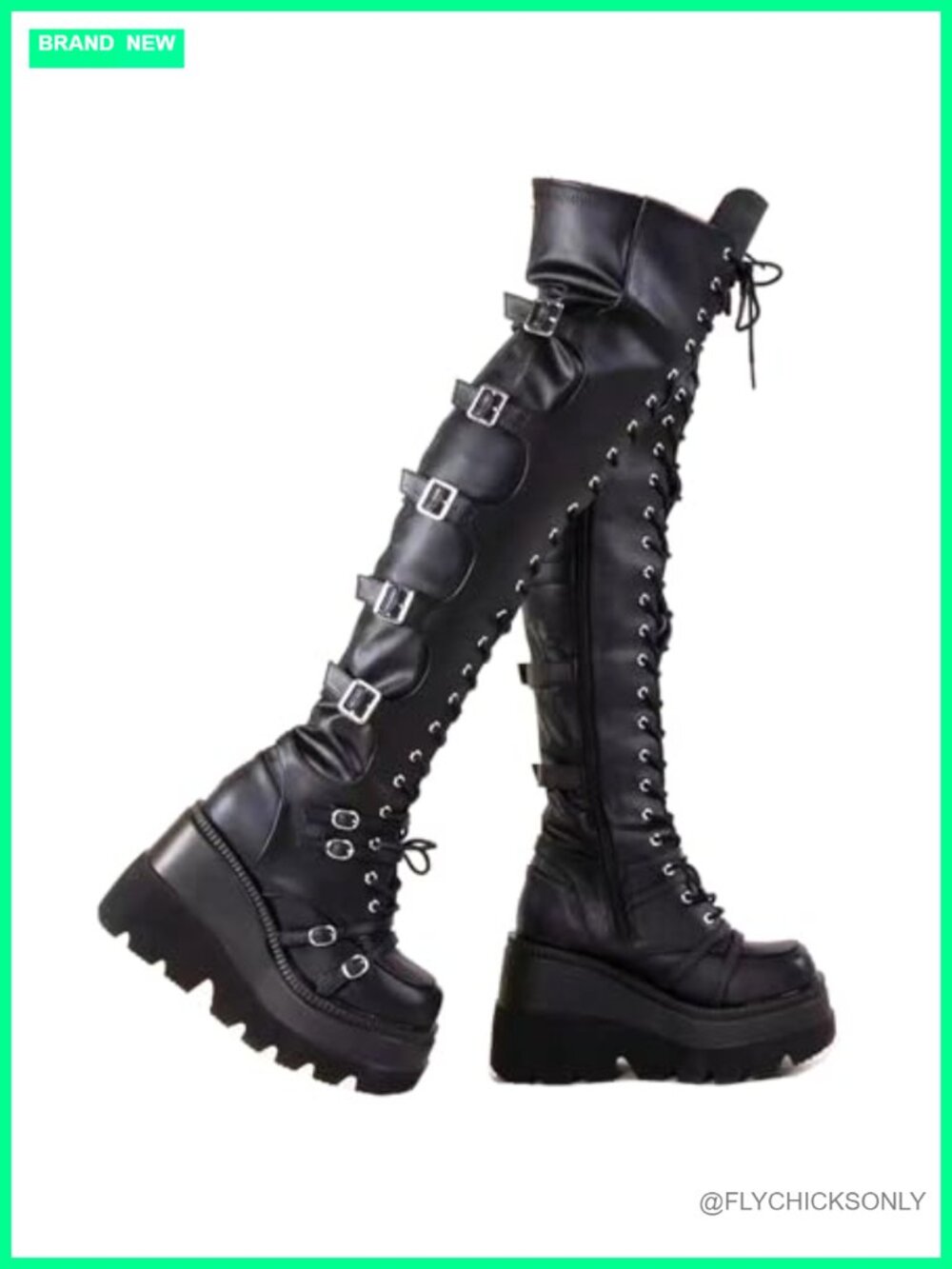 Platform Over Knee Thigh High Boots Chunky Heel Faux Leather Buckle Zip Rave